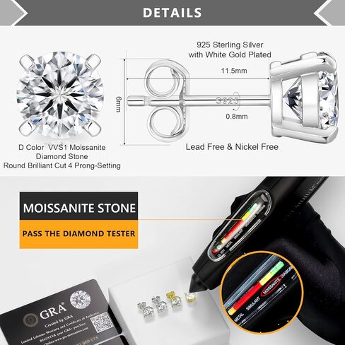 KRKC&CO Moissanite Studs Earrings, Sparkly Round Cut Lab Created Earrings, S925 Sterling Silver, 0.6-3.0CT, D Color, VVS1, 14K White Gold Jewelry Gifts for Women in Saudi Arabia