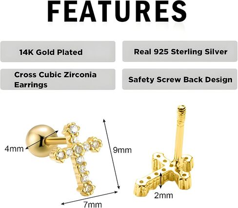 Gold Cross Earrings 14K Real Gold Filled Plated Trendy Dainty Cute Cubic Zirconia Screw Back Nickel Free Small Stud Earrings for Women Men in Kuwait
