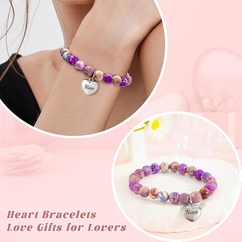 BAYLAY Natural Stone Bracelet Gifts for Women Girls - Beaded Bracelet Heart Charm Bracelet Inspirational Bracelet Chrismas Gifts Bracelets Gifts for Mom Grandma Nieces Aunt Daughter Granddaughter in Saudi Arabia