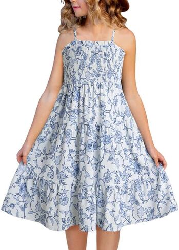 Girls Sundress Summer Boho Sleeveless Strap Smocked Tiered Dresses 6-15 Years in Saudi Arabia