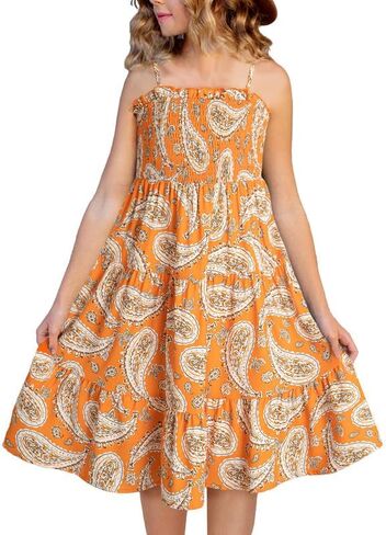 Girls Sundress Summer Boho Sleeveless Strap Smocked Tiered Dresses 6-15 Years in Saudi Arabia