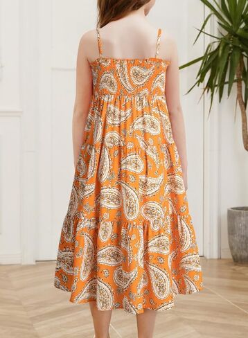 Girls Sundress Summer Boho Sleeveless Strap Smocked Tiered Dresses 6-15 Years in Saudi Arabia