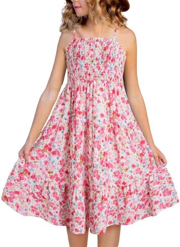 Girls Sundress Summer Boho Sleeveless Strap Smocked Tiered Dresses 6-15 Years in Saudi Arabia
