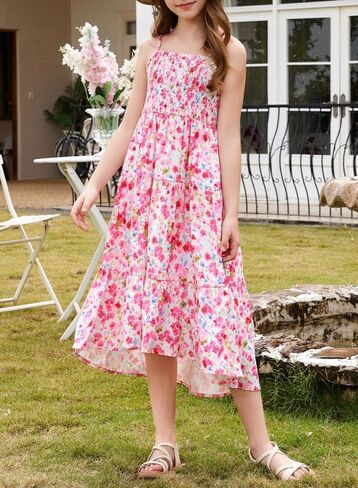 Girls Sundress Summer Boho Sleeveless Strap Smocked Tiered Dresses 6-15 Years in Saudi Arabia