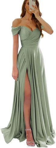 Womem's Off The Shoulder Bridesmaid Dresses with Slit Satin Formal Gowns Long Prom Evening Party Dress with Pockets in Saudi Arabia