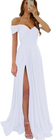 Womem's Off The Shoulder Bridesmaid Dresses with Slit Satin Formal Gowns Long Prom Evening Party Dress with Pockets in Saudi Arabia