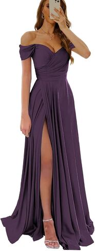 Womem's Off The Shoulder Bridesmaid Dresses with Slit Satin Formal Gowns Long Prom Evening Party Dress with Pockets in Saudi Arabia
