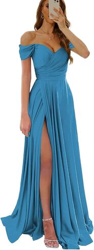 Womem's Off The Shoulder Bridesmaid Dresses with Slit Satin Formal Gowns Long Prom Evening Party Dress with Pockets in Saudi Arabia