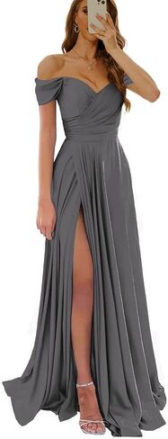 Womem's Off The Shoulder Bridesmaid Dresses with Slit Satin Formal Gowns Long Prom Evening Party Dress with Pockets in Saudi Arabia