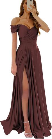 Womem's Off The Shoulder Bridesmaid Dresses with Slit Satin Formal Gowns Long Prom Evening Party Dress with Pockets in Saudi Arabia
