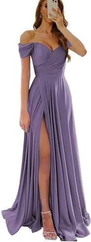 Womem's Off The Shoulder Bridesmaid Dresses with Slit Satin Formal Gowns Long Prom Evening Party Dress with Pockets in Saudi Arabia