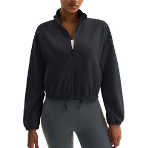 MAGCOMSEN Women's Full Zip Fleece Jacket Cropped Warm Winter Coats with Pockets Stand Collar Workout Top Drawstring Hem