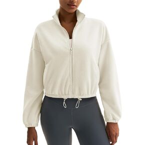 MAGCOMSEN Women's Full Zip Fleece Jacket Cropped Warm Winter Coats with Pockets Stand Collar Workout Top Drawstring Hem
