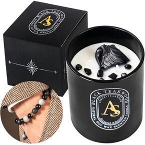 Scented Candle for Men with Luxurious Obsidian Bracelet, Teakwood for Home Scented, Hand-Poured Natural Soy Wax, Stress Relief Masculine Gift for Men, Dad, Boyrfriend, Powerful Manifestation Crystals