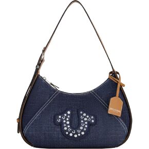True Religion Women's Shoulder Bag Purse, Studded Logo Crescent Hobo Handbag with Adjustable Strap, Denim