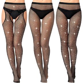 3 Pcs Rhinestone Fishnet Tights High Waist Rhinestone Stockings Leggings for Women Dress Black Mesh Sparkly Pantyhose