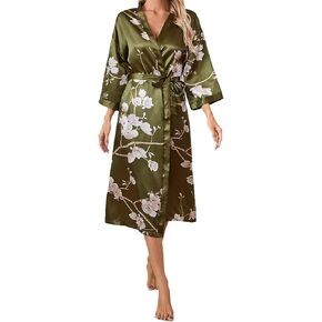 Women's Satin Floral Robes 3/4 Sleeve Belted Robes Bathrobe Soft Sleepwear Loungewear
