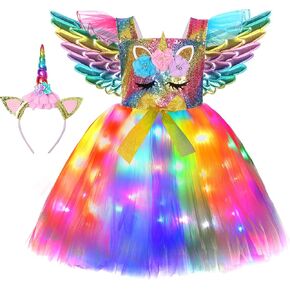 Cuteshower Unicorn Tutu Costume for Girls Halloween LED Light Unicorn Dress Birthday Party Outfit Princess Dress with Wings