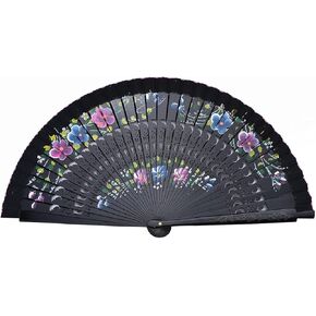 lanermoon Vintage Spanish Folding Fan for Women,Doubled-Side Flower Painting Gypsy Wooden Hand Fan for Dance,Festival Decoration and Gift (Blue)