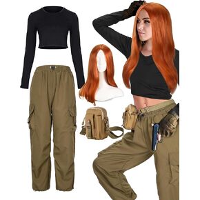 4 Pcs Halloween Cosplay Costume Party Wig Long Straight Orange Long Sleeve Crop Top Cargo Pants Waist Bag