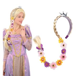 Princess Rapunzel Long Braided Wig Headbands Princess Dress up Wigs Hairpiece with Flowers for Halloween Christmas Party Costume Hair Accessories