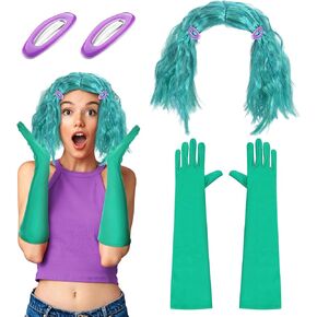 5 Pcs Halloween Women Costume Accessories Set Short Wavy Lake Blue Green Wig Wave Costume Wig Purple Hairpins Emerald Green Gloves for Halloween Costume Cosplay Party