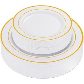 N9R 72 Pack Black Plastic Plates with Gold Rim, Disposable Plates include 36pcs Dinner Plates 10.25", 36pcs Disposable Dessert/Salad Plates 7.5", Perfect for Party Wedding Birthday Party
