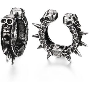 Pair Steel Skull Spike Circle Huggie Hinged Hoop Clip-on Earrings Men Women, Old Metal Treatment
