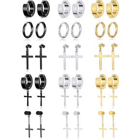 15 Pairs Earrings Stainless Steel Spike Hoop Earrings Hinged Dangle Earrings Punk Piercing for Women Men Sliver Black Gold Tone