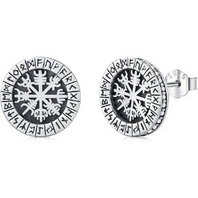 Viking Earrings 925 Sterling Silver Norse Viking Runes Stud Earrings Pagan Viking Jewelry for Men Women