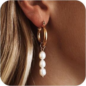 Pearl Earrings for Women Trendy, Gold Pearl Hoop Earrings for Women 14K Gold Plated Pearl Hoop Huggie Drop Earrings Wedding Jewelry Gifts for Women