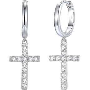 925 Sterling Silver Moissanite Drop Dangle Cross Hoop Earrings for Women,0.5CT Huggie Hoops Cross Earrings with 18K White Gold Plated for Women