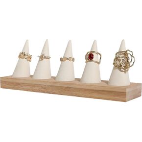 GemeShou Beige wood ring holder, velvet ring stand for jewelry, cute ring display stand for selling, wedding ring holder for nightstand【Beige with five cone】