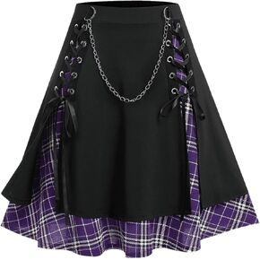 ROSE GAL Women's Plus Size Mini A-Line Gothic Skirt Casual Plain Chain Detail High Waisted Short Stitching Plaid Pleated
