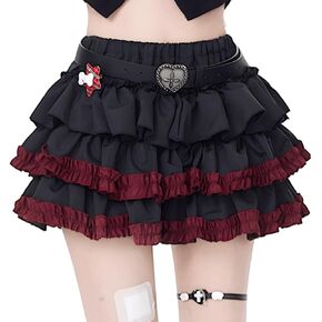 Kawaii Goth Lolita Vintage Casual Elastic Waist Color Blocking Red Lace Trim Pleated Tiered Skirts for Women