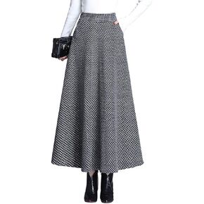 Women's Winter Plaid Maxi Skirt Elegant High Waist Warm Wool Long Pleated Skirt S-3XL