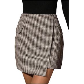 تنورة ضيقة نسائية من MakeMeChic مطبوعة بنقشة Houndstooth، تنورة قصيرة ملفوفة بحاشية غير متماثلة، تنانير عمل