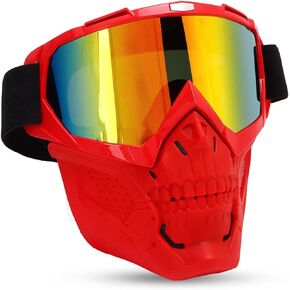 Cycling Goggles Face Cover, Cycling Windproof Helmet Goggles Glasses with Face Cover Motorcycle Skull Goggle Face Cover Off Road Motorcycle Goggles Helmet Riding Goggles Glasses(Red)
