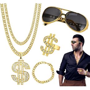 GOLDGE 80s & 90s Hip Hop Costume Kit for Men Women- Old School Rapper Outfit for Halloween Parties - Includes Fake Gold Chain Bracelet, Punk Sunglasses, Dollar Sign Finger Ring & Necklace