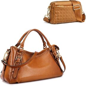 Kattee Genuine Leather Satchel Bags Bundle with Small Woven Crossbody Purses for Women
