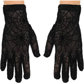 Black Lace Gloves Witch Spider Web Cosplay Gloves Short Unisex Opera Halloween Costume Gloves for Adults and Kids