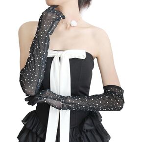 Rhinestone Sheer Gloves for Women Sparkly Long Mesh Gloves Wedding High Stretch Mesh Dress Sunscreen Gloves Formal Elegant Masquerade Tulle Gloves Black Lace Arm Sleeve Party Favors