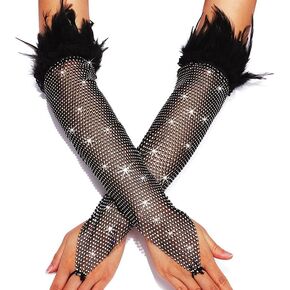 Mesh Fingerless Rhinestone Gloves Sparkly Feather Black Long Gloves New Year Rave Accessories for Women(BlackW)