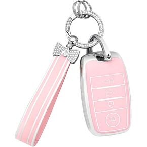 PIFOOG Key Fob Cover for Kia 4 Button Pink Bling Keychain Car Keys Case Shell Accessories for Kia Optima Sorento Soul Sportage Forte NIRO Rio أغطية حماية كاملة للنساء من مادة TPU
