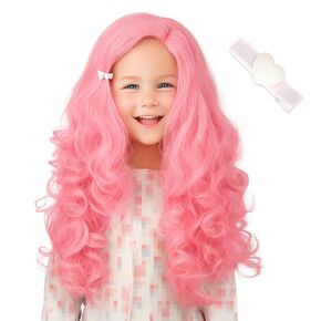 Long Curly Pink Wig for Costume Pink Hair Wig with Hairpin for Halloween Party