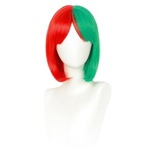 Red and Green Wig with Bangs Short Straight Bob Wig Half Red Half Green Synthetic Wig for Costume Party