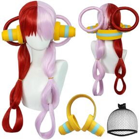 Anogol Hair Cap+(1 Headphone) Uta Wig With 2 Ponytails Uta Cosplay Wig for Girls Women Light Purple And Red Long Wig Synthetic Wig For Anime Wig for Halloween Party Costume Anime Outfit