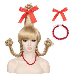WildCos Long Blonde Braid Wig for Women Girls Halloween Costume Cosplay Wig with Red Beads Necklace Bow