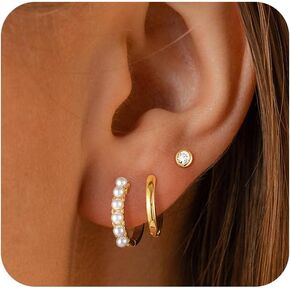 Gold Hoop Earrings for Women, Dainty 14k Gold Plated Drop Small Hoop Pearl Earrings Studs Set Trendy Dangle Cubic Zirconia Huggie Stacks Hypoallergenic Earrings Fashion Jewelry for Women