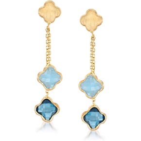 Ross-Simons Italian 1.90 ct. t.w. London Blue Topaz and 1.40 ct. t.w. Aquamarine Flower Drop Earrings in 14kt Yellow Gold